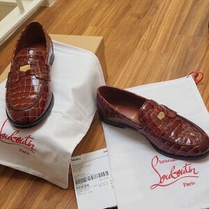 Christian Louboutin Brown Croc-Embossed Penny Loafers with Gold Bit